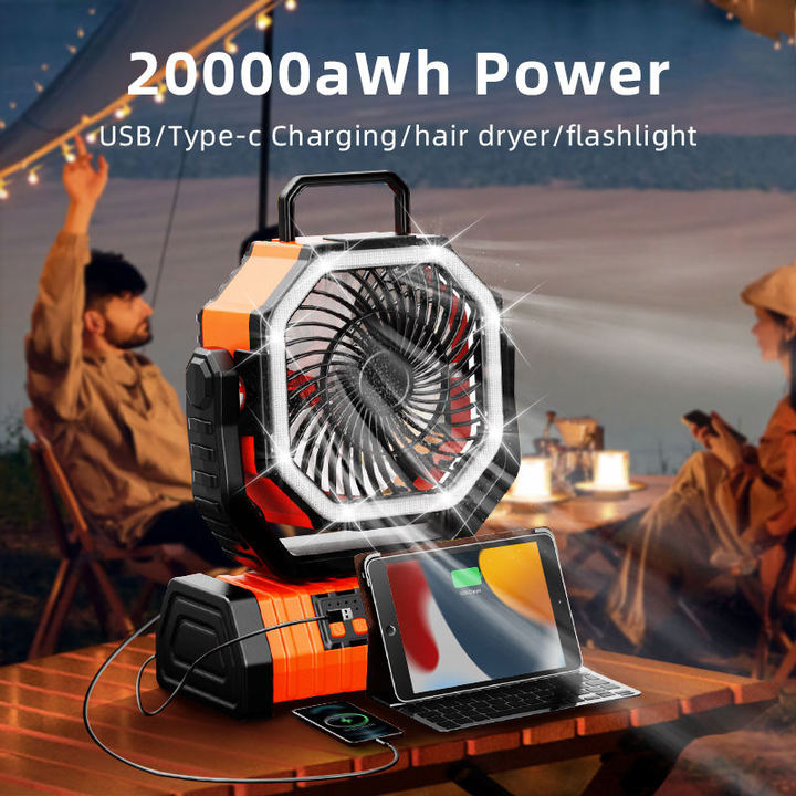 Ventilateur de camping rechargeable avec lanterne LED et télécommande, ventilateur de tente portable 3-en-1, équipement de refroidissement