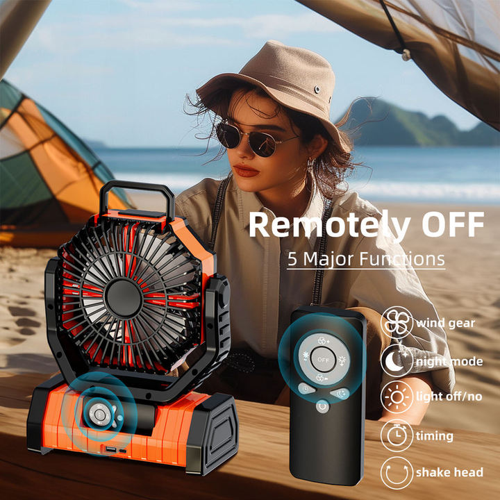 Ventilateur de camping rechargeable avec lanterne LED et télécommande, ventilateur de tente portable 3-en-1, équipement de refroidissement
