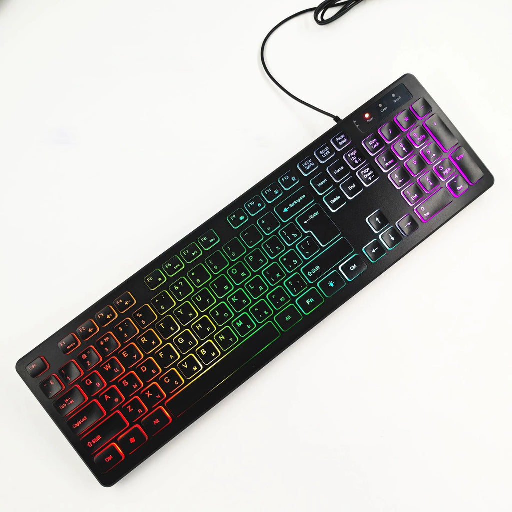 Clavier de jeu pour ordinateur, rétroéclairé RGB, silencieux, filaire, USB, pour bureau et maison, russe, français, espagnol, allemand, arabe, anglais