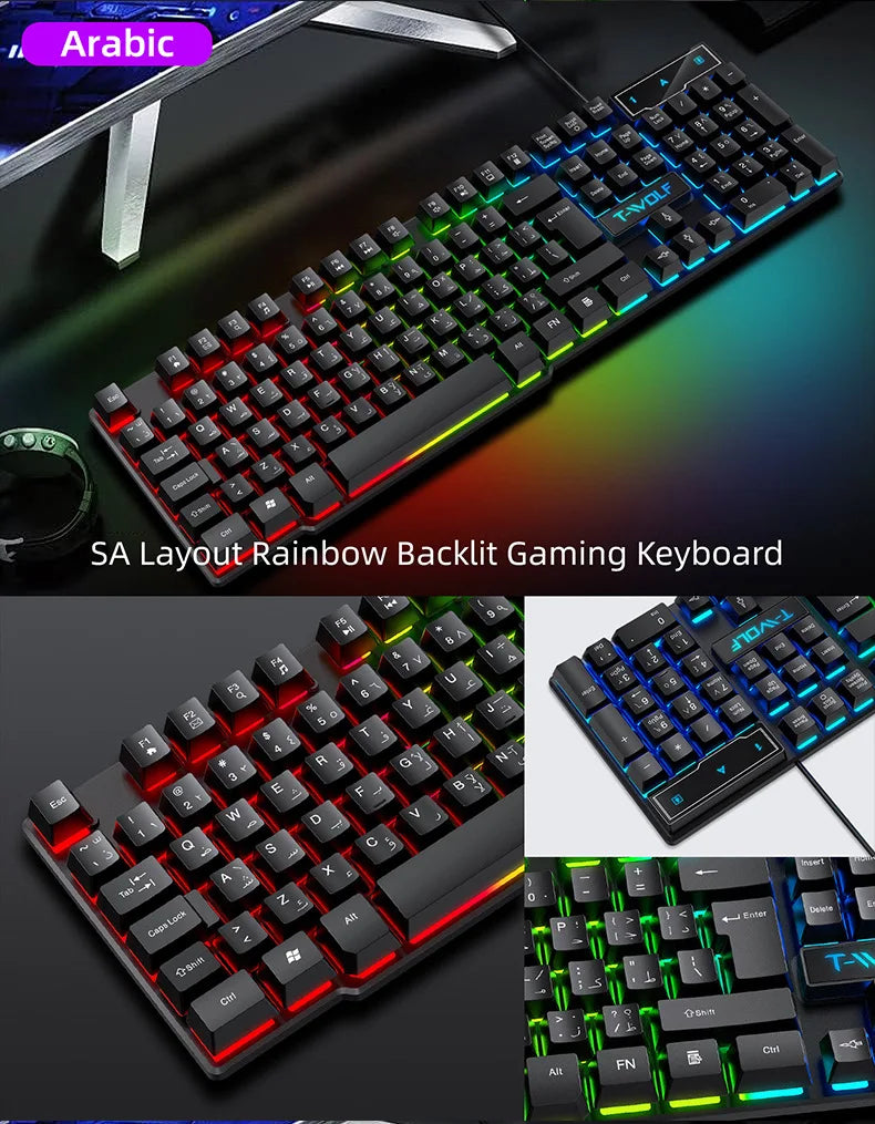 Clavier de jeu à sensation mécanique, rétroéclairage RGB, clavier filaire USB, pour bureau, maison, touches multimédias, russe, espagnol, arabe, anglais