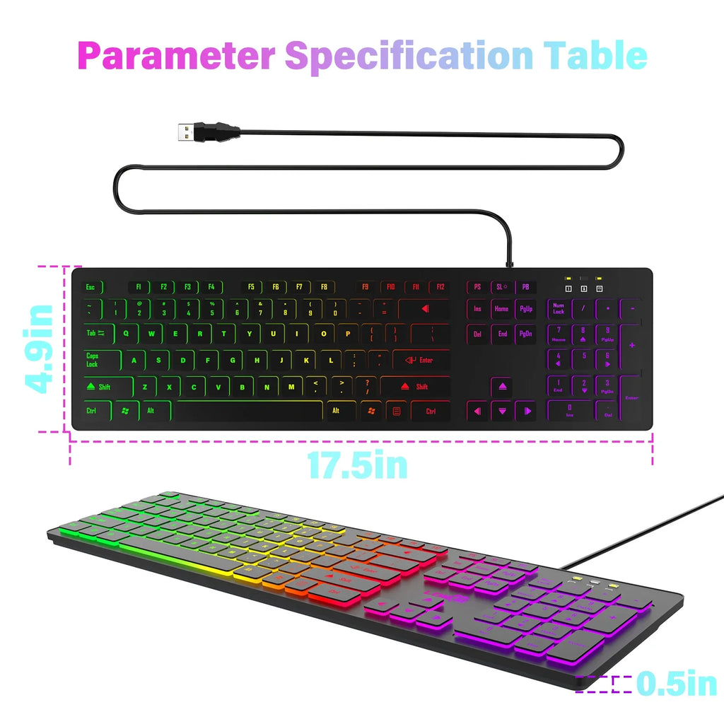Clavier de jeu pour ordinateur, rétroéclairé RGB, silencieux, filaire, USB, pour bureau et maison, russe, français, espagnol, allemand, arabe, anglais