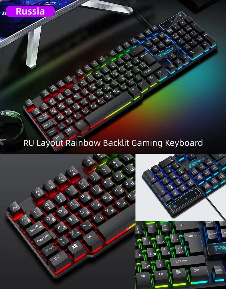 Clavier de jeu à sensation mécanique, rétroéclairage RGB, clavier filaire USB, pour bureau, maison, touches multimédias, russe, espagnol, arabe, anglais