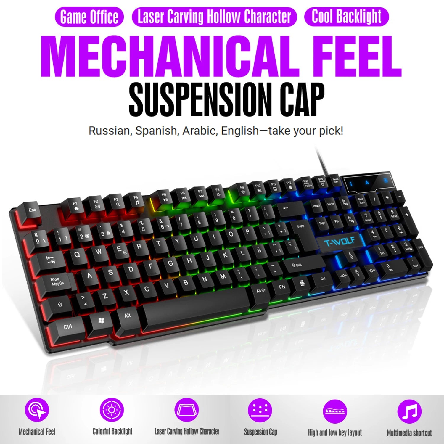 Clavier de jeu à sensation mécanique, rétroéclairage RGB, clavier filaire USB, pour bureau, maison, touches multimédias, russe, espagnol, arabe, anglais